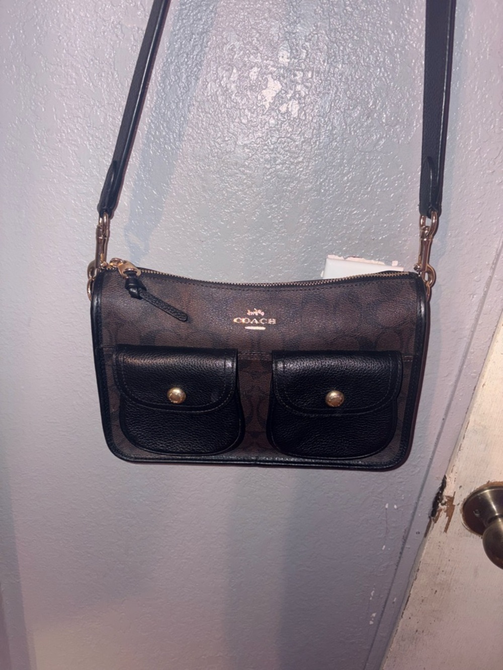 Coach Brown Signature Crossbody with Black Front Pockets
